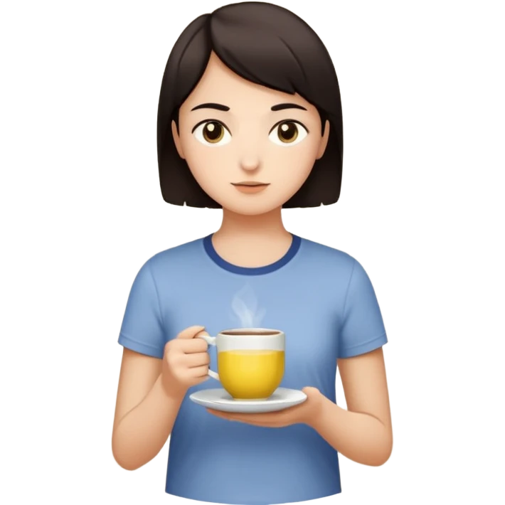 человек с короткими тёмными волосами и круглым лицом. У него спокойное, нейтральное выражение лица, тёмные глаза, аккуратные брови. Он стоит прямо на фоне светлой стены. На нём светлая футболка с небольшим рисунком. В целом образ выглядит простым и аккуратным. В руках чай с лимоном emoji