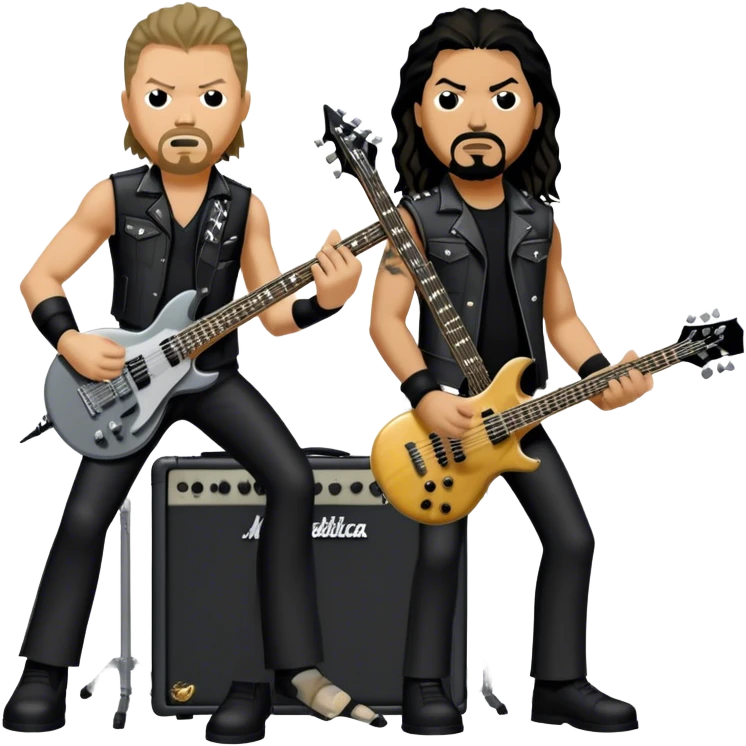 Icon for Metal Music: Metallica band members detailed in their signature look. James Hetfield with guitar, Lars Ulrich on drums, Kirk Hammett with his electric guitar, and Robert Trujillo playing bass. Bold, energetic style with musical notes, all in a heavy metal aesthetic. Transparent background. emoji