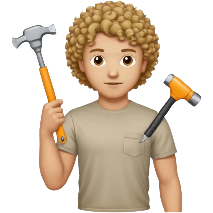 a guy who looks very handsome, has curly hair,  wears a tee shirt and holds a screwdriver in one hand and a  hammer in the other emoji