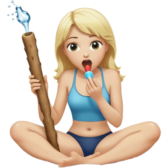 blond woman sitting on her knees, eating a wide stick with a half-round D-shaped knob, both the stick and knob are the same color as her skin, the knob has visible skin texture, water stream squirting from the flat side of the knob into her open mouth, surprised expression emoji