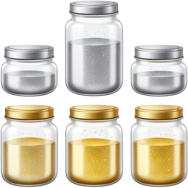 Cinematic Realistic Glitter Jars, elegant glass containers filled with ultra-fine shimmering gold and silver dust, light catching the tiny specks in a mesmerizing glow, slightly open lids revealing the rich, sparkling texture inside, set against a softly blurred background, radiating a sense of enchantment and wonder. emoji