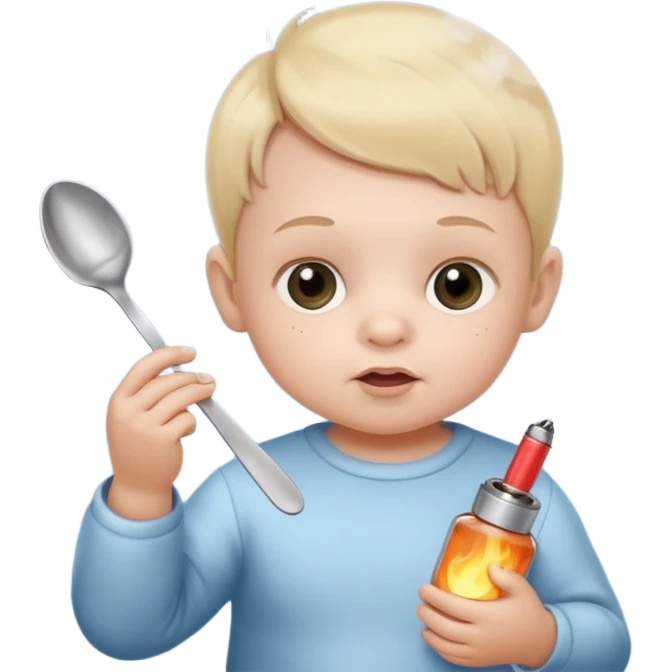 Baby with a spoon in one hand and lighter in the other with smoke coming off the spoon.  emoji
