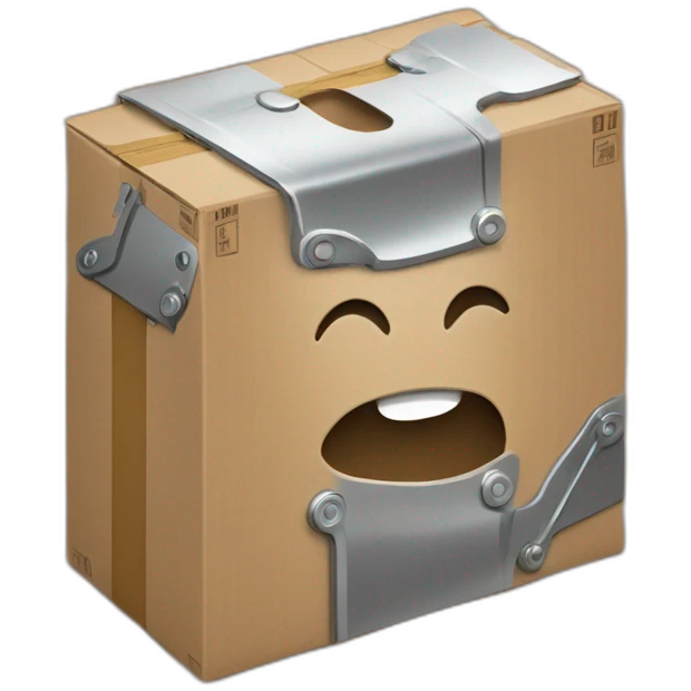 metallic mechanic pieces around a cardboard box emoji