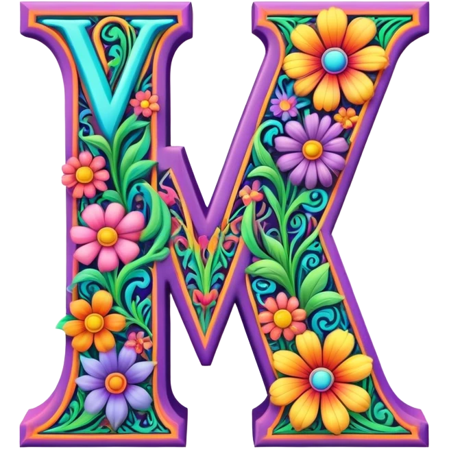 3D, gothic style psychedelic colored Letter V with hippie style flower border emoji