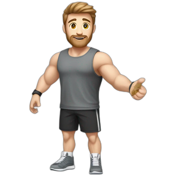 Full height Actively gesturing  with hands Pale skinned Fit Man With the biceps and brown hair in dark gray Sleeveless Mike, black oversize sports shorts, watch and white Sneakers emoji