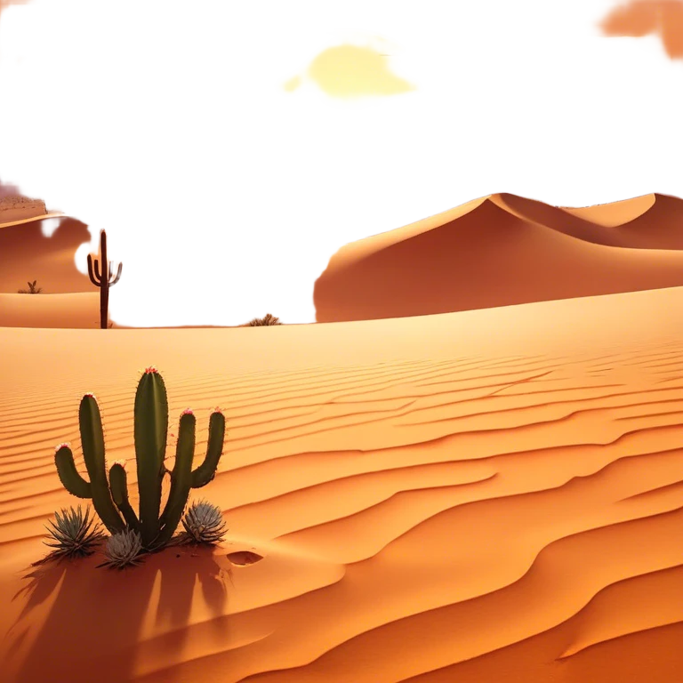 Cinematic Realistic Desert Emoji, Expansive and arid, with vast stretches of golden sand dunes and scattered cacti, the sun casting a warm, almost orange glow over the dry, cracked earth. The horizon blurs into a heat shimmer, while the occasional desert flower adds a splash of color to the barren landscape. Soft glowing outline, capturing the essence of the harsh yet stunning beauty of the desert, calm and quiet, filled with silence and mystery. emoji