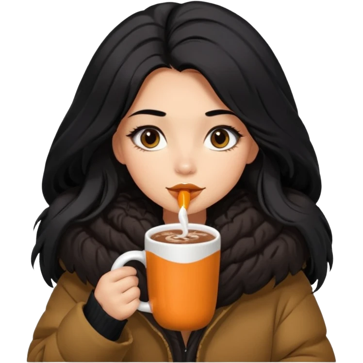 anned Girl with lashes , bright black long hair, in an extremely big fluffy oversized jacket, and drinking hot chocolate drink emoji