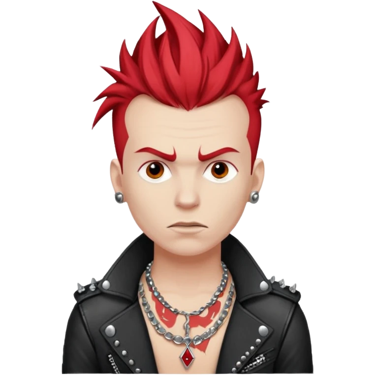 white guy rock singer, rebellious style, red mohawk hair, studded leather necklace emoji
