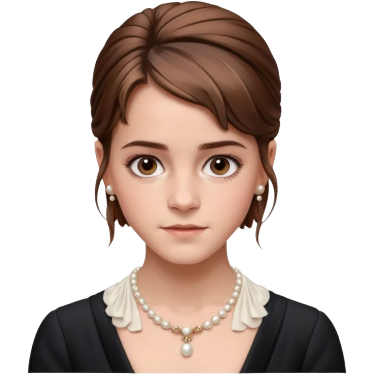 Cinematic Emma Watson Realistic Rococo Portrait, depicted with lifelike skin texture, subtle rosy undertones, and soft natural lighting that enhances the gentle contours of her face. Her intricately detailed brown hair is elegantly styled in an updo, emoji