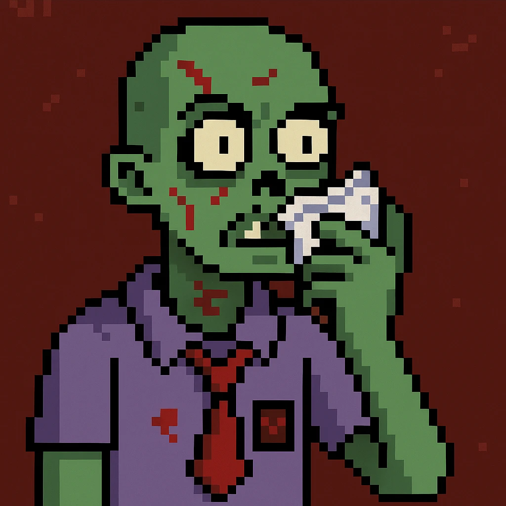 A zombie sniffing white powder with a background in the style of a pixel art emoji