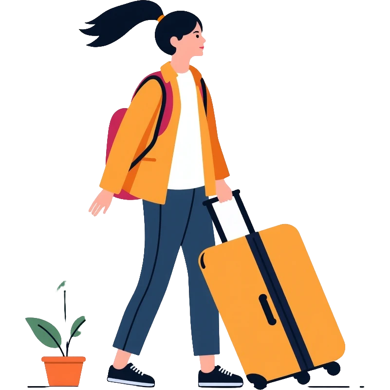 Asian tourist with suitcase, travel outfit emoji