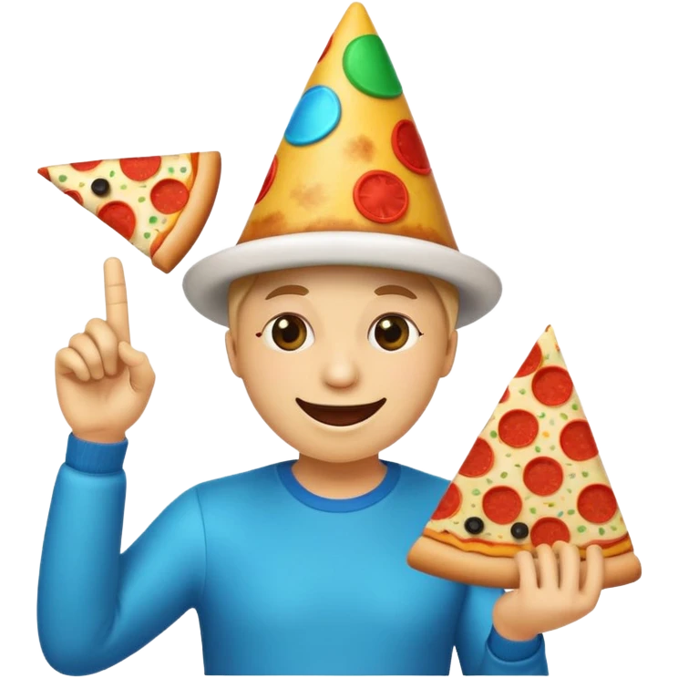 funny emoji called 'party Overload': laughing face with disco ball eyes, tilted party hat, making a finger gun with one hand, holding pizza in the other emoji