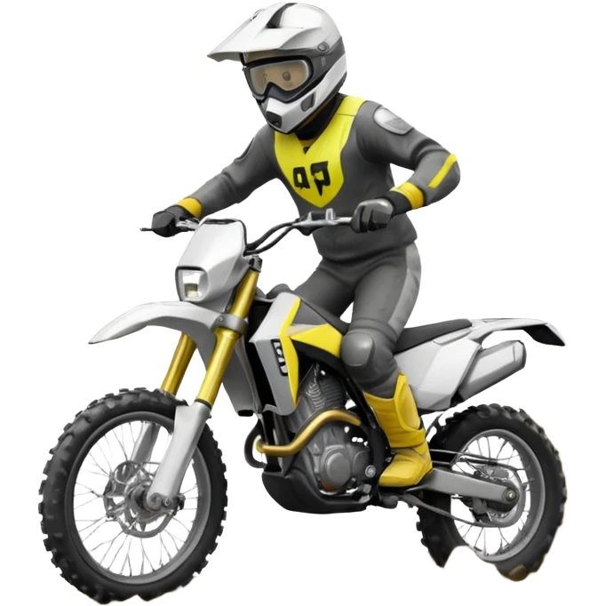 Male with a white helmet and motorcross googles, black and white clothes, riding an aventure motorcyle from Husqvarna, Norden 901, motorcycle is black, grey and yellow, doing a wheely (with the front wheel on air) getting of a mud pool emoji