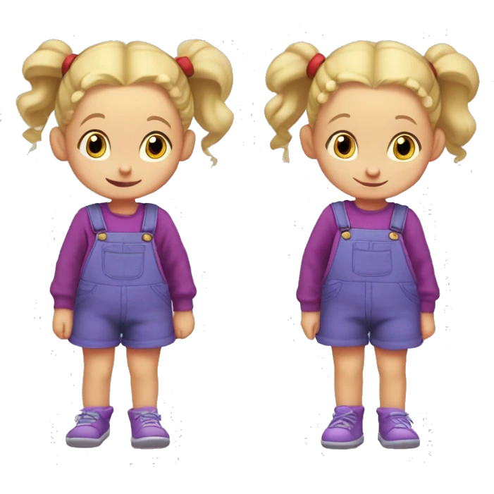A little blonde girl with pigtails and little purple bows wearing a red long sleeved shirt and purple overalls, rugrats emoji