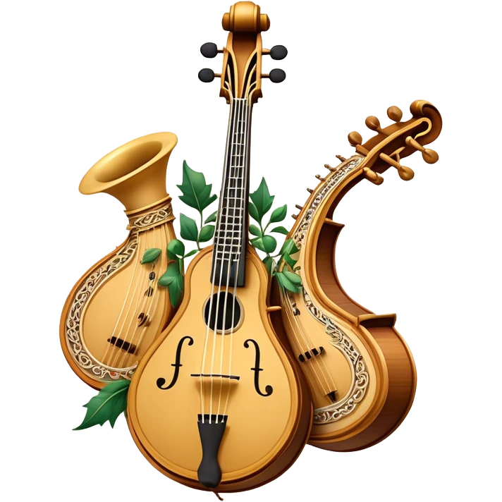 Create an intricate, festive, and emblematic emoji symbolizing plucked string instruments. The design should resemble a regal crest, featuring instruments like a banjo, mandolin, domra, sitar, and other plucked strings, arranged symmetrically in an ornate composition. Their necks and strings should elegantly intertwine with a flowing ribbon of musical notes, wrapping gracefully around the instruments. The overall shape should be grand and balanced, evoking a sense of tradition and celebration. Use a rich and refined color palette with gold, deep mahogany, and vibrant accents, adding intricate wood textures, decorative inlays, and metallic tuning pegs for a professional, polished look. The background should be transparent, making the emblem stand out as an independent artistic mark emoji