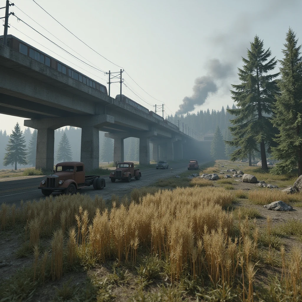  a screenshot of a location in a videogame  the image of the scene consists of:  [above-ground train freeway partially collapsed], a wooded area, a small field of wheat. distant smoke. tall concrete walls, derelict vintage work trucks, more distant smoke. polluted and war-torn emoji