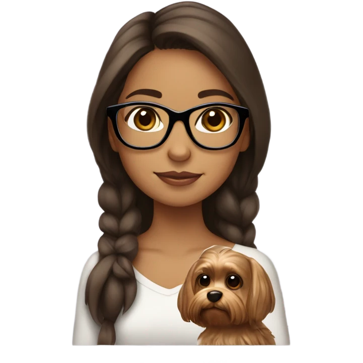 Hispanic Brown haired girl with glasses holding tan yorkie emoji