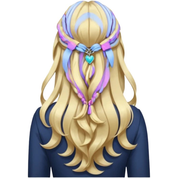 a girl facing backwards so that her hair is showing, long hair that is wavy. she has her hair in a style of half-up-half-down with a small claw-clip securing the hair of the head where the hair strands meet. hair is a platinum blonde color and dark blonde highlights.  emoji