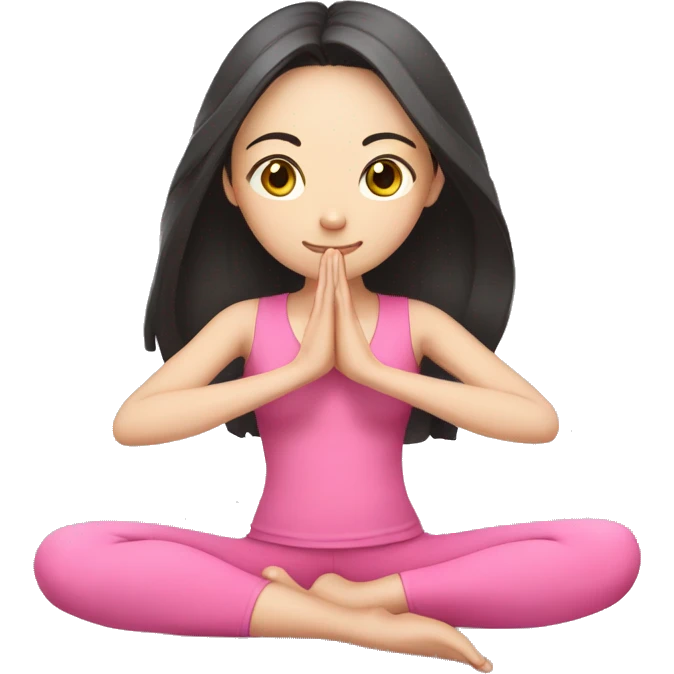 Asian girl doing yoga all in pink clothes, dark long hair, pale skin emoji
