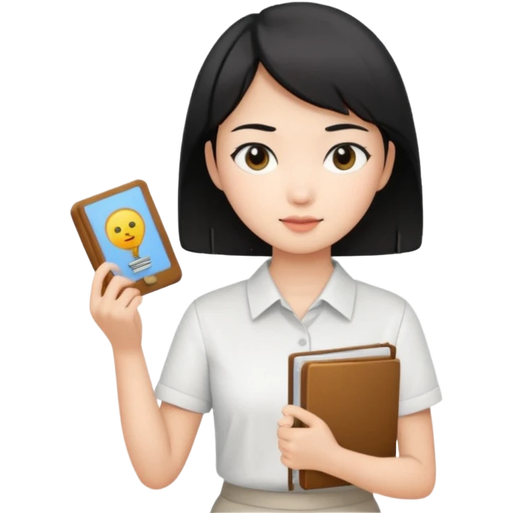 A young female guide with fair skin and short black hair from Asia, holding her guide in one hand emoji