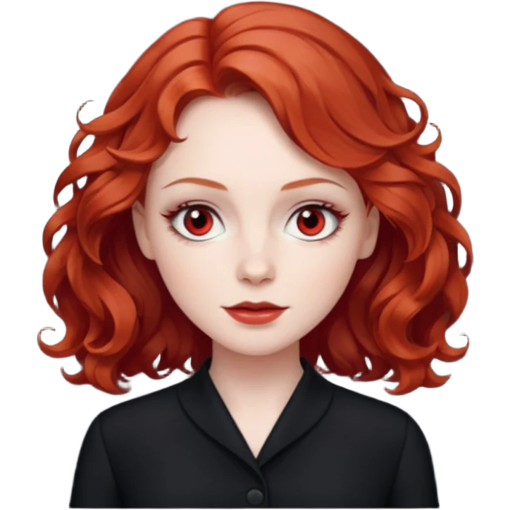Julia Grant from Summer of Fear with medium red wavy hair, black outfit, white and red eyes emoji