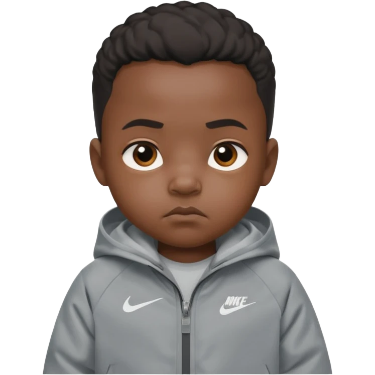 a little black baby with serious facial expression wearing a gray nike tech emoji