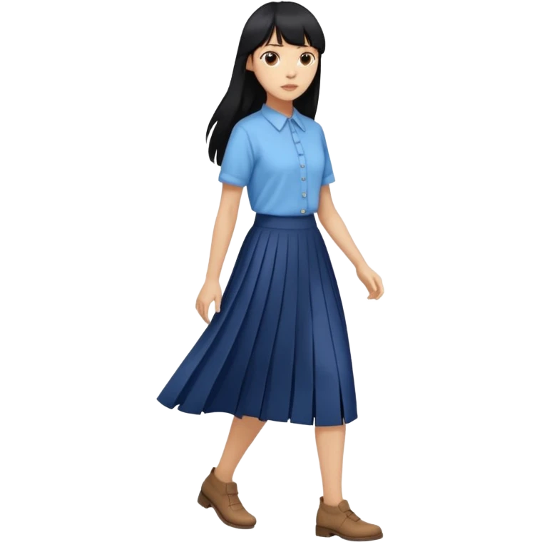 hair : black long hair with fringe 
skin : light 
cloth : oversize light blue shirt + navy long long skirt 
motion : walking 
carry: just hand emoji