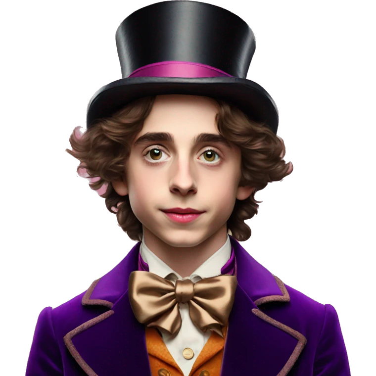 Timothée Chalamet as young Willy Wonka, large face, hat emoji