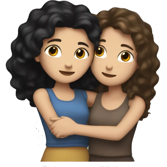 Two best friends hugging one with black hair and the other with brown hair with highlights. Both white skin emoji