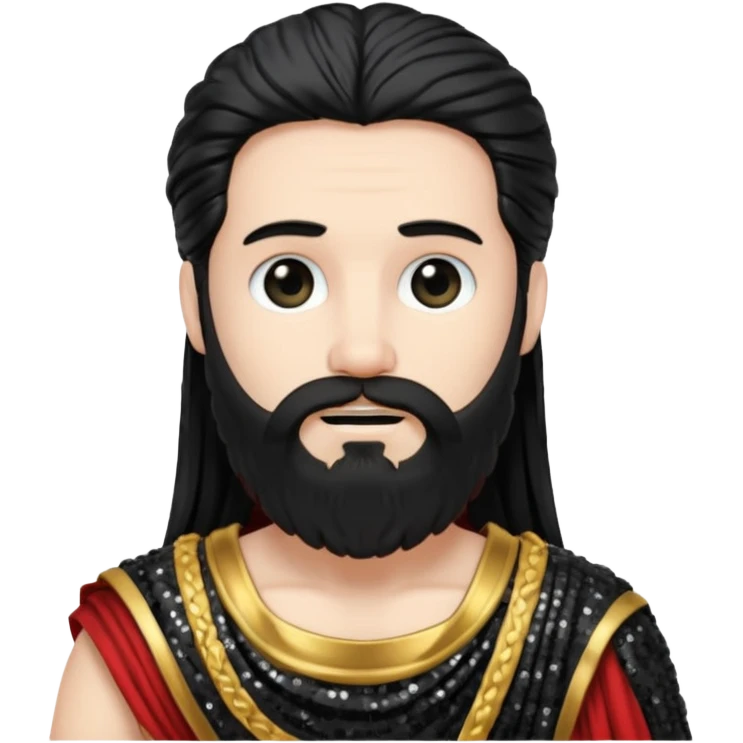 Pluto from Roman Deities with long black hair and beard , black sequin toga emoji