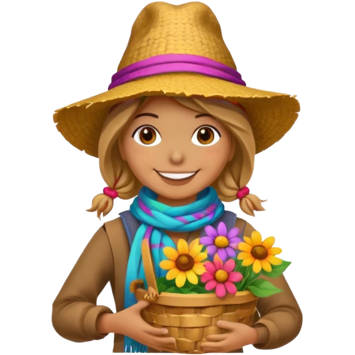 Scarecrow, Smiling face, colorful scarf, flower hat, holding a small basket. emoji