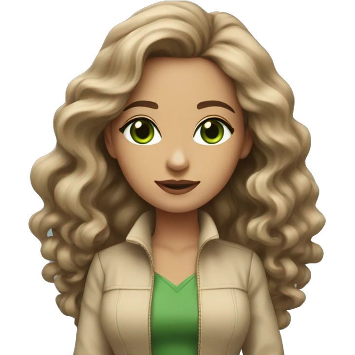 woman long brown wavy voluminous hair with green eyes beige skin and hot outfit emoji
