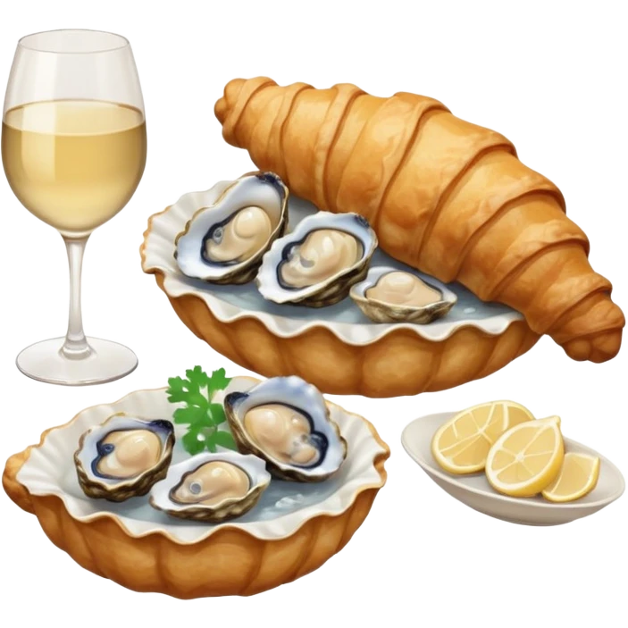 French cuisine humanless avatar in clean emoji-style illustration. 1 Croissant, oysters and wine glass, soft beige tones, simple shapes, flat design, refined and cozy. emoji