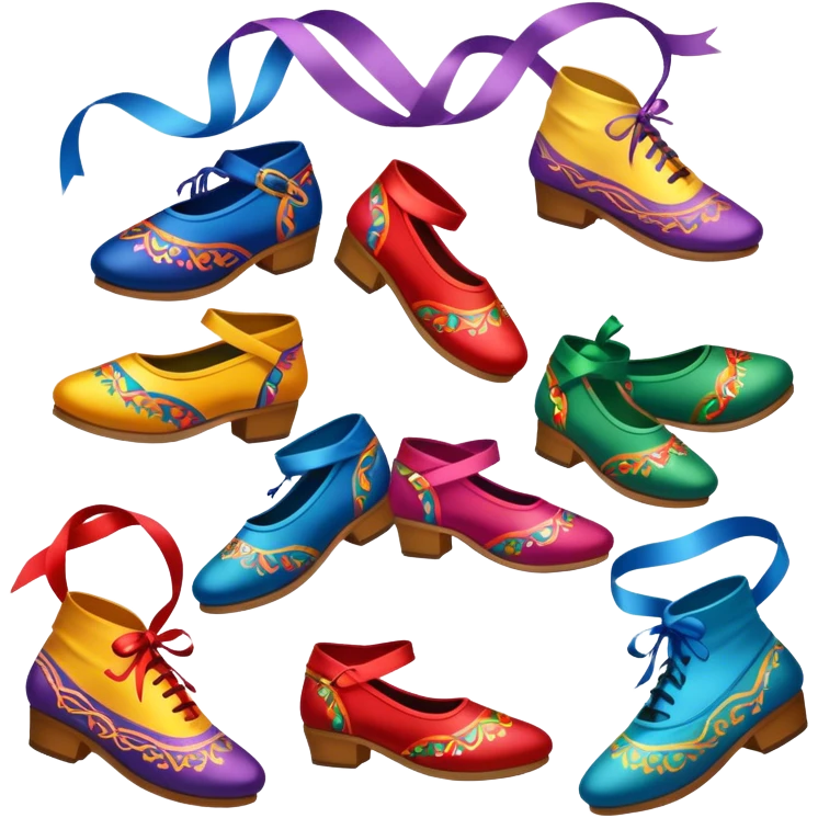 Icon for Folk Dance: close-up traditional dance shoes, colorful folk costumes, and a dance circle with ribbons. The icon should represent the vibrant and cultural aspects of folk dancing. Transparent background. emoji