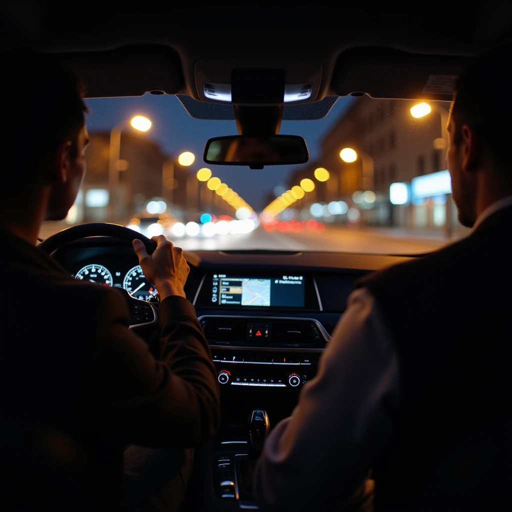 BMW Series 7 2024, driver's perspective from inside, left hand on wheel, night, Bucharest city lights, motion blur, photorealistic emoji