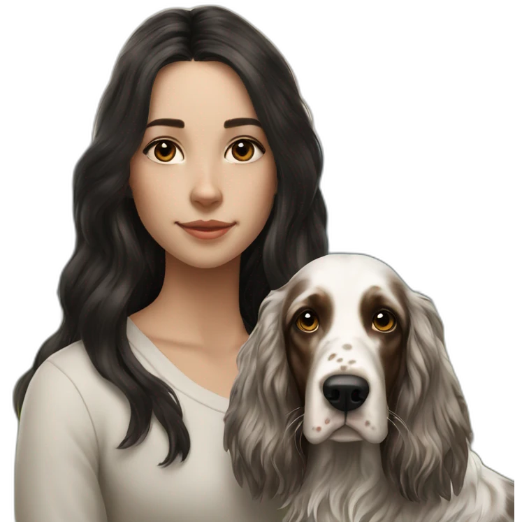 hyperrealist caucasian girl black long hair with brown english setter dog emoji