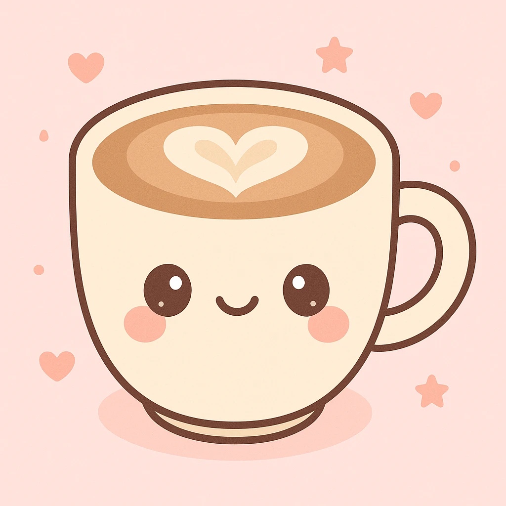 cafe latte with latte art print, kawaii style, cute face emoji