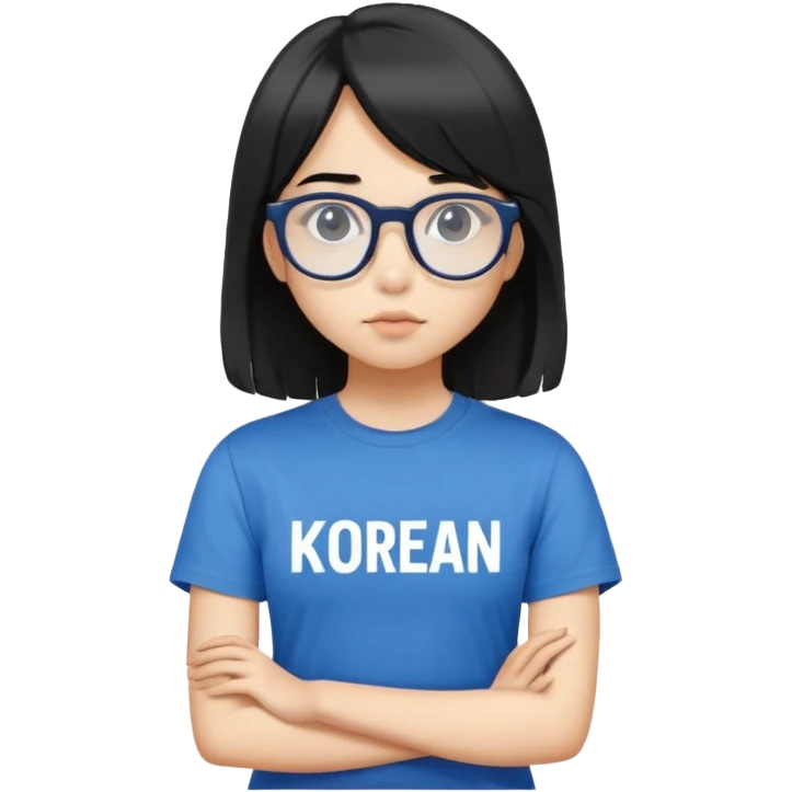 A girl with mullet black shoulder length hair, metal glasses, face is a little bit round, big black eyes, wear a blue T-shirt with Korean line of words on it emoji