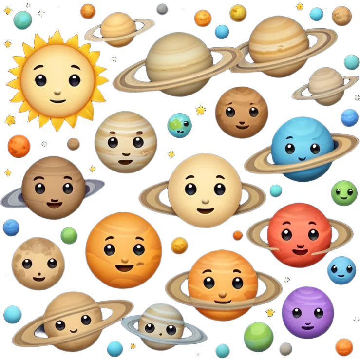 solar system showing all planets with cute faces on planets emoji