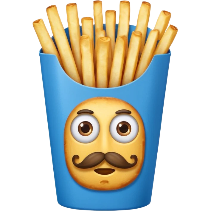 long slim crispy fries in a blue carton, carton has eyes and mustache emoji