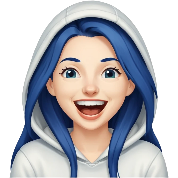 White 30 year old woman with long dark blue hair laughing hysterically wearing a white hoodie emoji