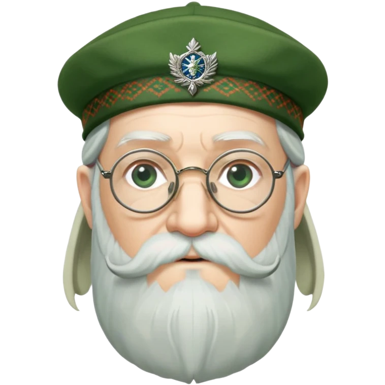Dumbledore wear green scotland Tam o'shanter cap with decorative patterns, wear glasses, very long beard emoji