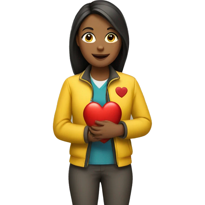 A female teacher in a yellow jacket holds a heart in her hands emoji