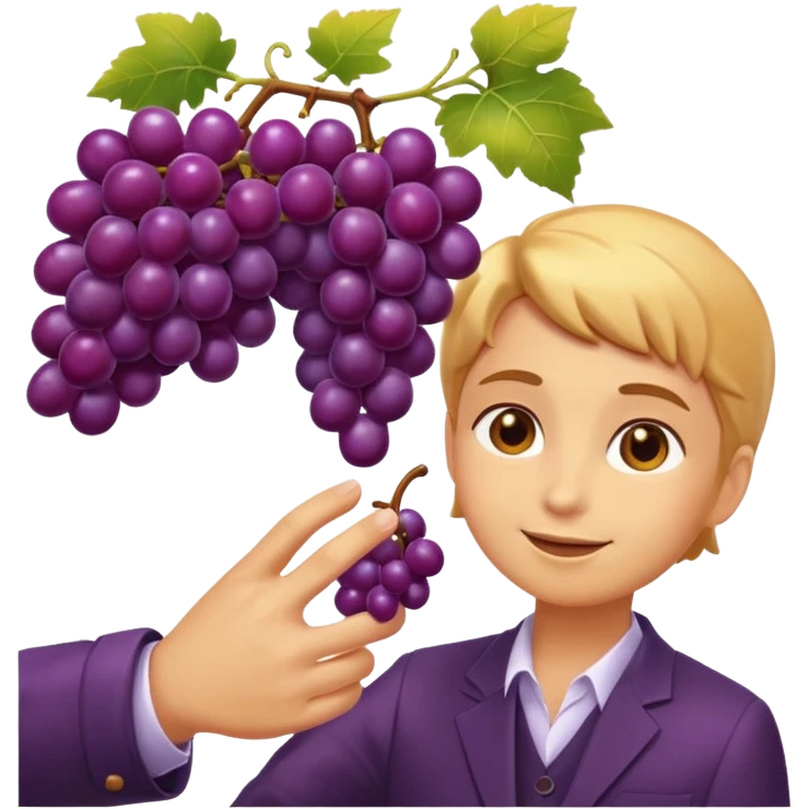 elegant emoji of a hand picking a glossy purple grape, vineyard scene, warm golden light, luxury feel, minimal shading emoji