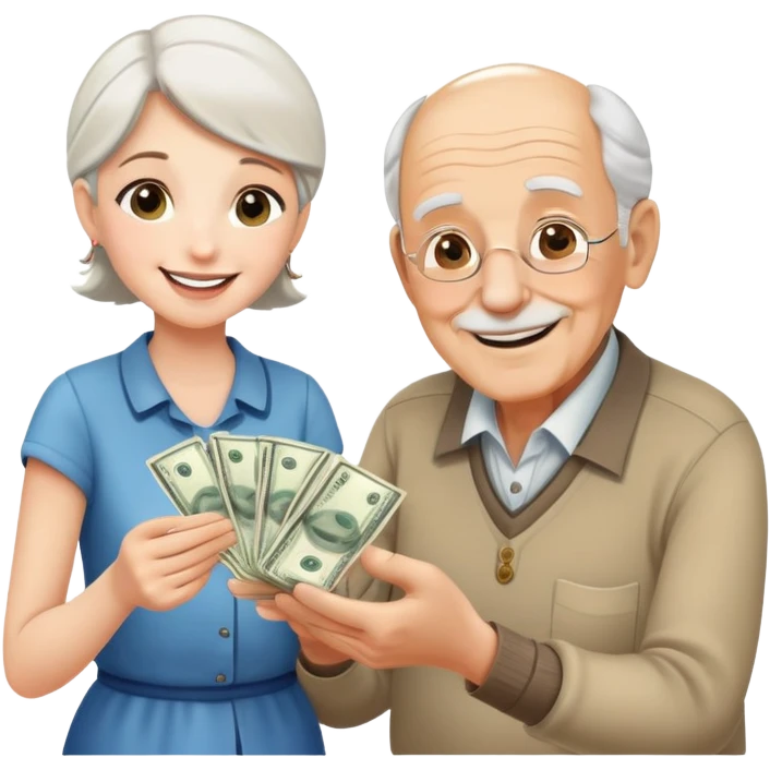Kind elderly grandfather giving money to young adult woman who needs financial help, supportive family moment emoji