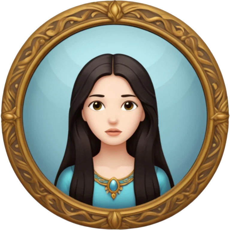 Woman facing ancient mirror, reflection slightly delayed and darker emoji