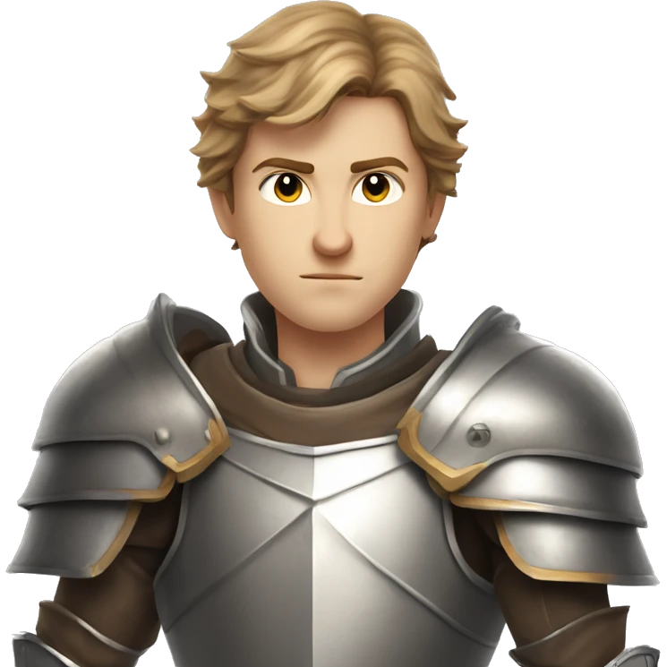 A young man with light brown hair and gray eyes, in chivalrous armor, fantasy, looks seriously, holds a sword in his hands emoji