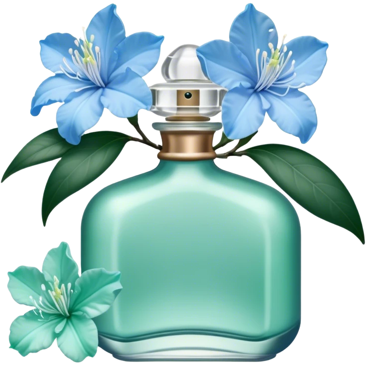 Aesthetic ensemble of soft blue azaleas alongside a charming vintage green perfume bottle.
 emoji