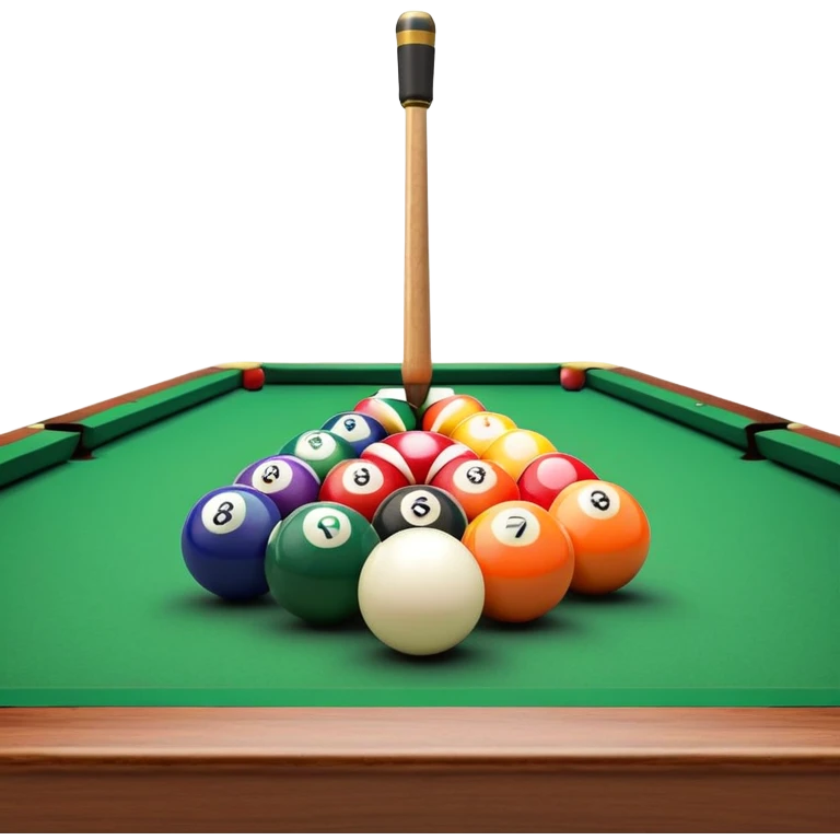 A close-up of a billiard table with a cue stick lined up to strike a colorful set of balls. The focus is on the precision of the shot, with the table’s green surface and the triangular arrangement of balls, creating a dynamic scene of strategy and concentration in the game of billiards. emoji