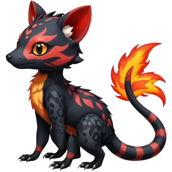 Rare realistic cute epic aesthetic gothic colorful Salandit-Litten-Quilava-Civet-species-Fakemon-hybrid-creature, with fiery markings, full body emoji